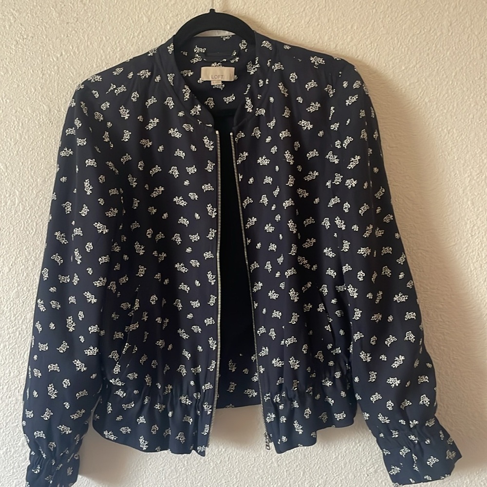 LOFT Navy Jacket with White Floral Design size medium